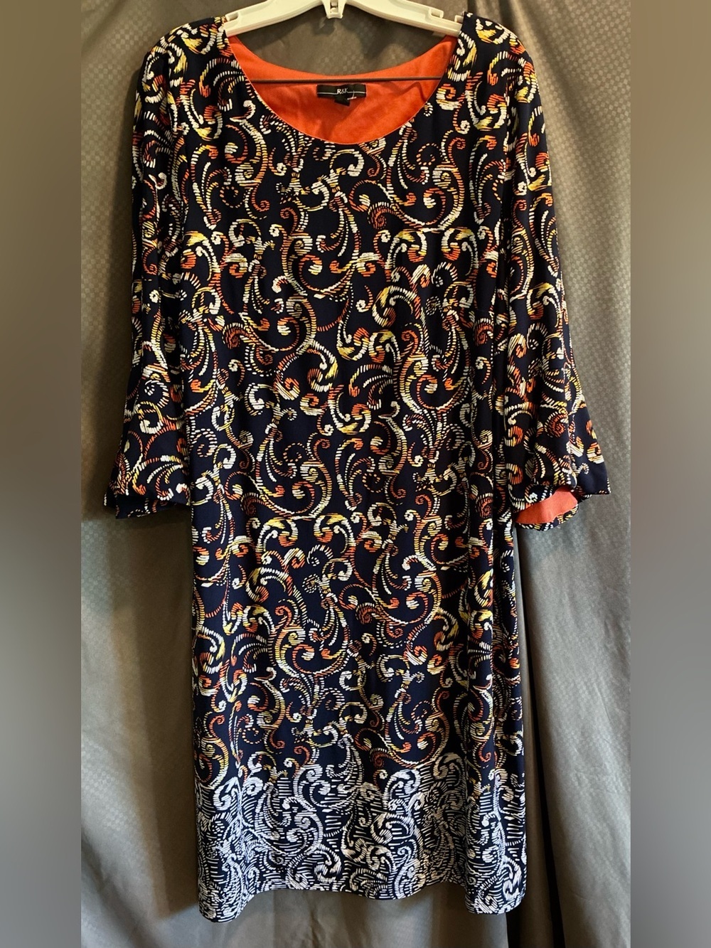 R&K Originals Women’s Dress Navy Base w/Paisley Pattern, Bell Sleeves; Size 16